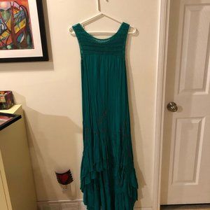 Free People Green Dress with crotched top, embroidery and High low ruffle bottom